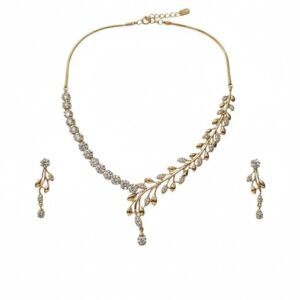 Elegant Crystal Floral Necklace and Earrings Set, Gold-Toned