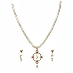 Elegant Pearl Necklace Set with Gold-Toned Floral Pendant, White Pearl Beaded Chain, Crystal Embellished Earrings