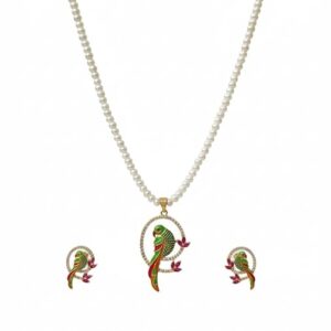 Elegant Real Pearl Necklace Set with Colorful Parrot Pendant, Gold-Toned Jewelry Set with Earrings