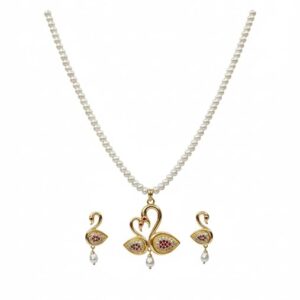 Elegant Real Pearl Necklace Set with Gold-Toned Swan Pendant, White Pearl String with Crystal Studded Earrings