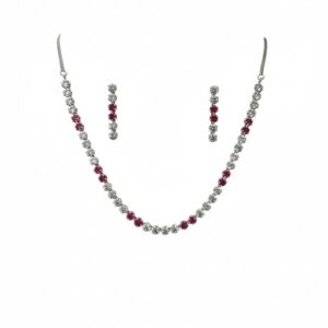 Elegant Silver Crystal Necklace Set with Pink Accents, with Matching Earrings