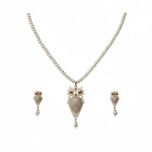 Gold-Toned Pearl Necklace with Crystal Owl Pendant and Matching Earrings