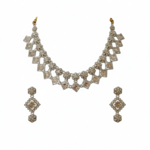Kundan Necklace Set with Earrings, (Silver Tone)