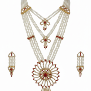 Multi-Layered Red Stone Pearl Necklace Set with Earrings
