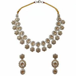 Traditional Golden Coloured Statement Necklace Set with Drop Earrings
