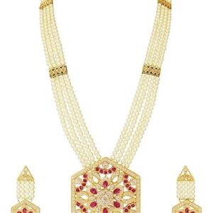 Elegant pearl necklace set with gold-plated crystal pendant, featuring traditional multi-strand pearl beads and matching stone earrings, perfect for weddings, festivals, and special occasions.
